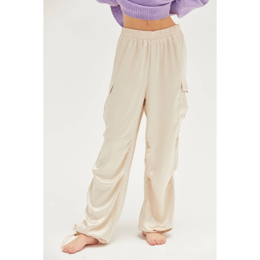 Cream Satin Cargo Wide Leg Relaxed Fit Pants